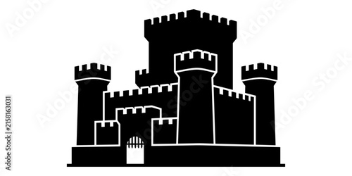 Photography Black silhouette of a medieval castle with tall towers and battlements on a whit