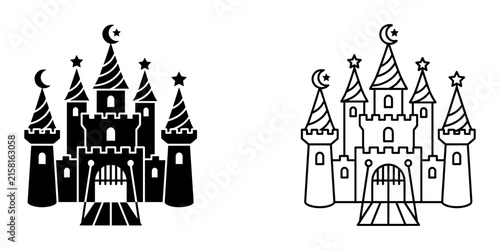 Fotografie Two fairy tale castle solid black silhouette and outline on white background for