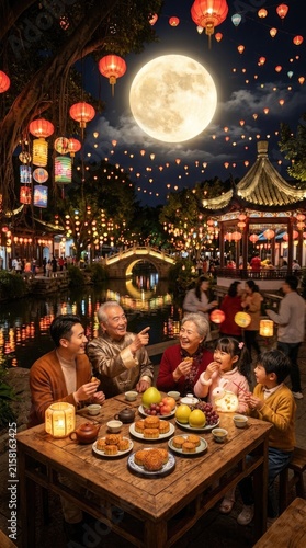 Happy Chinese family eating traditional mooncake, celebrating Mid-Autumn Festival together under giant glowing full moon.