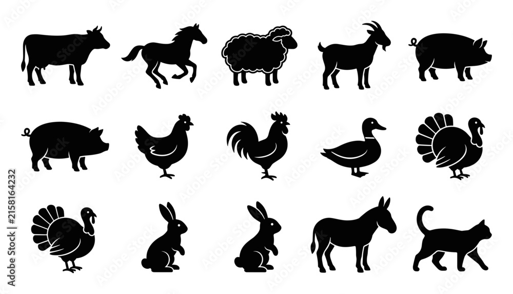 Obraz premium Farm Animals Silhouette Set Black Cow Horse Sheep Goat Vector Bundle
