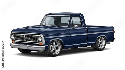 Detailed illustration of a classic blue custom pickup truck.