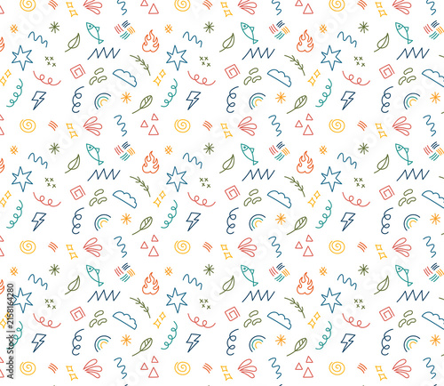 Colorful Hand Drawn Doodle Pattern with Playful Nature and Abstract Elements
