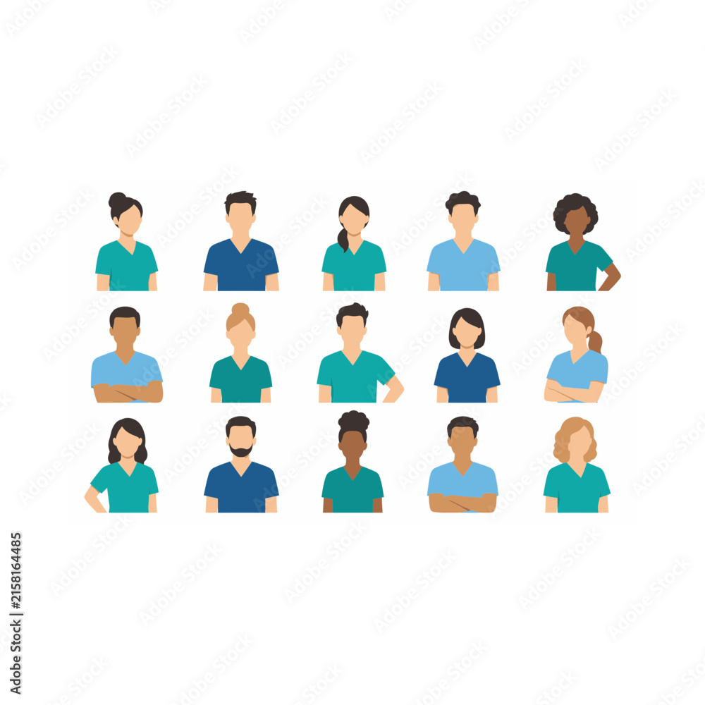 Fototapeta premium Medical staff avatar vector set featuring doctors, nurses, and healthcare workers icons 