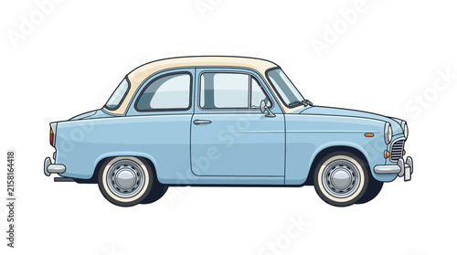 A stylized illustration of a classic blue and cream vintage car.