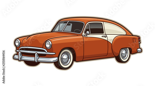 Stylized illustration of a vintage orange and white two-tone sedan.