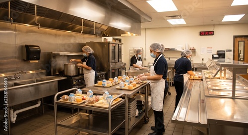 Cafeteria workers preparing school lunch trays in a clean commercial kitchen with stainless steel counters, ovens, and food service stations
