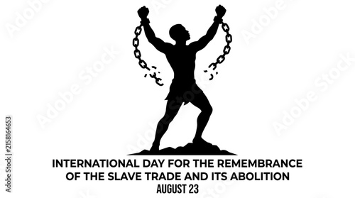 Silhouette of a person breaking chains against a white background commemorating abolition