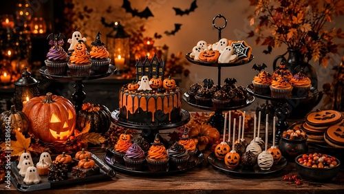 Halloween themed cupcakes and desserts display