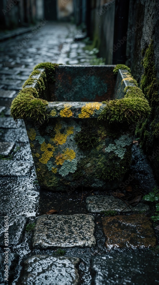 Fototapeta premium Moss covered planter sits on wet cobblestone street. Aged stone pot shows colorful lichen growth in rain. Old urban alley with weathered texture.