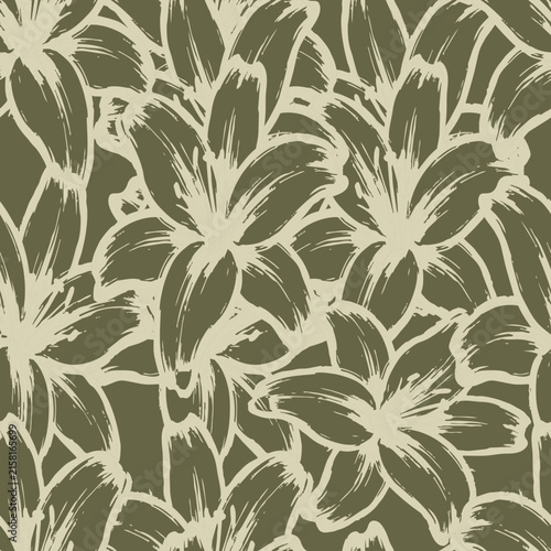 Vector seamless pattern featuring abstract brush stroke lilies in beige on an olive green background.