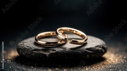 Two gold wedding rings are on dark surface. One ring is broken in half. Symbol of divorce or relationship end. Stark composition with dramatic lighting highlights broken promise and separation.