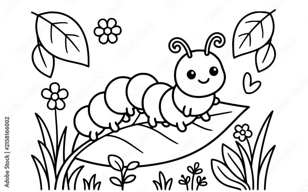 Fototapeta premium Cute Caterpillar Crawling on Leaf Coloring Page Line Art Vector