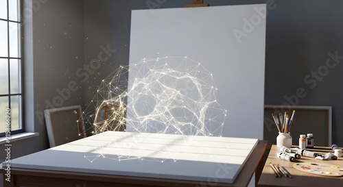 Artist studio with blank canvas and glowing abstract geometric network overlay