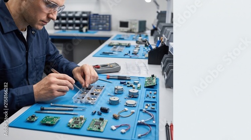 Technician wearing safety glasses uses tweezers to assemble small electronic components on a blue silicone repair mat at a workbench