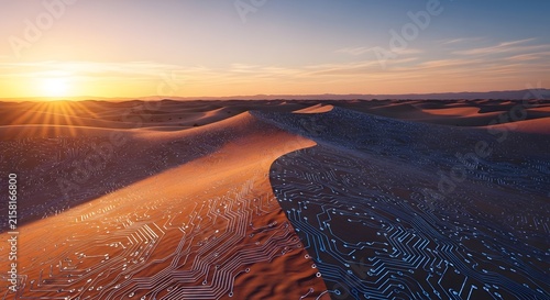 Desert landscape with sand dunes infused with intricate circuit board patterns under a vibrant sunset sky
