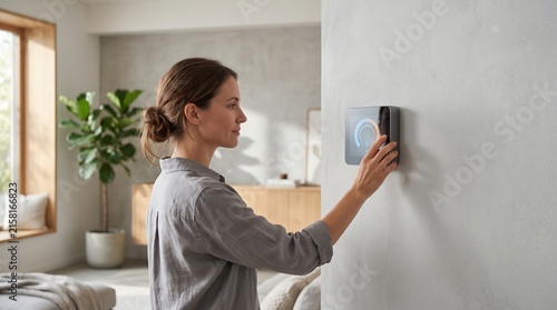 Woman adjusting a digital wall-mounted smart thermostat with a glowing circular interface in a bright, minimalist living room interior