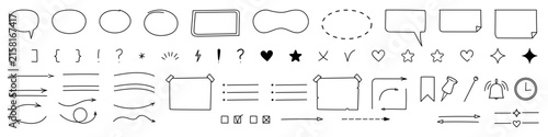 Hand-drawn Business Doodle SVG Collection featuring a playful set of arrows, lines, hearts, stars, check marks, speech bubbles, frames, lists, clocks, push pins, paper clips, bookmarks, bell