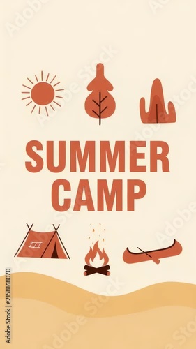 Animated summer camp poster with tent, canoe and campfire icons. subtle horizontal pan and gentle zoom reveal sun, trees and flickering flames.