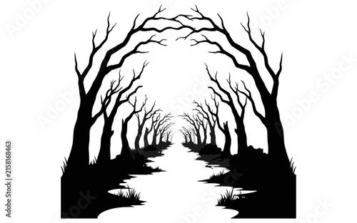 Dark forest path silhouette with dense bare trees creating a tunnel effect, isolated on a transparent background, for halloween