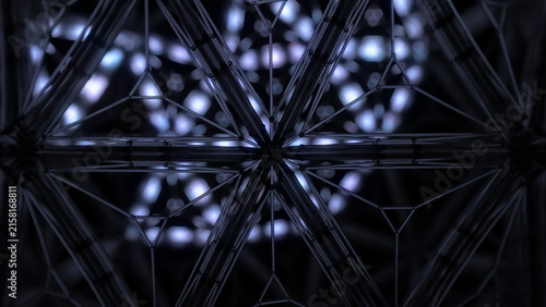 Geometric metal framework with triangular patterns inside a dark structure