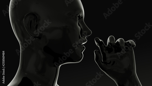 Black glossy humanoid figure in profile with raised hand and open mouth