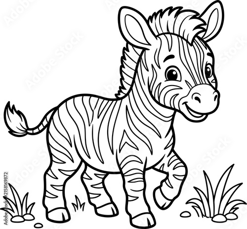 Cute baby zebra cartoon illustration with grass elements isolated on transparent background
