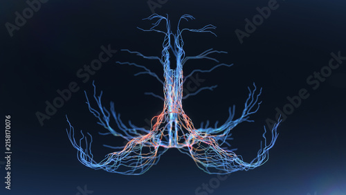 Neural network structure glowing blue and orange against a dark background