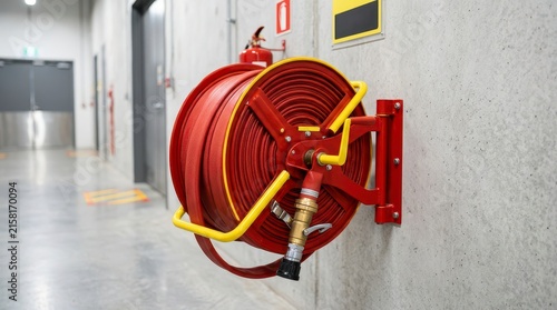 Fire Hose Reel Mounted on Wall in a Commercial Building Hallway Ready for Emergency Situations