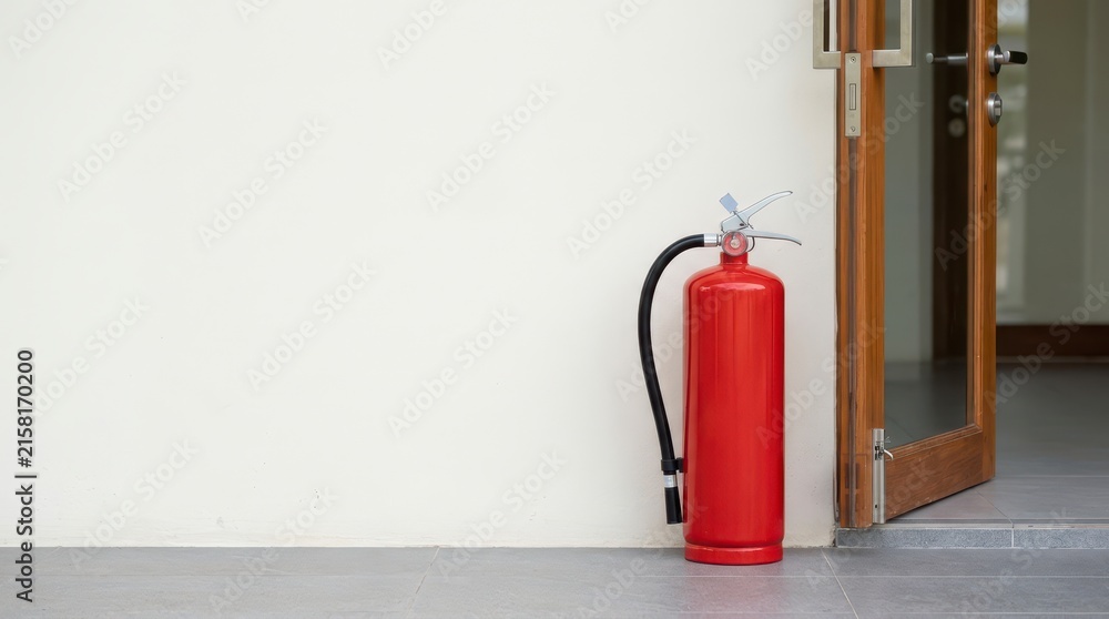 Obraz premium Red Fire Extinguisher Positioned Against Plain Wall Near Open Doorway in Indoor Setting