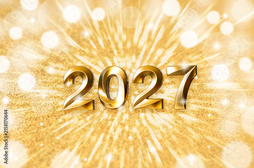 Golden 2027 new year celebration background with sparkling festive light and glittering glow