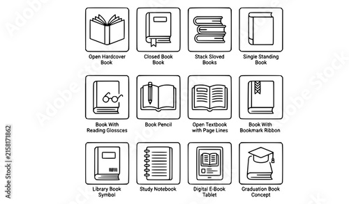 Book Icon Set with Open Closed Textbook Library Study and E-Book Symbols