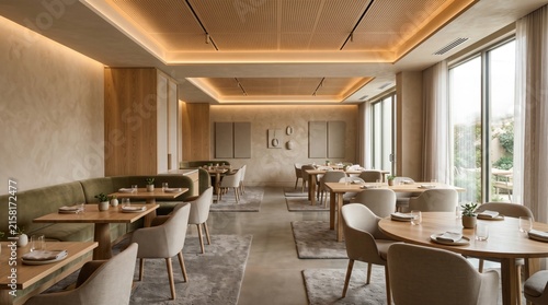 Modern upscale restaurant interior with minimalist wooden furniture