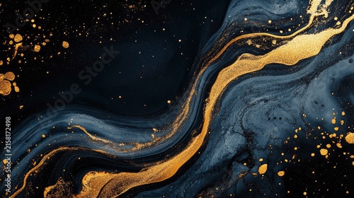 Rich black and deep blue fluid design features swirling golden metallic streaks