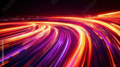 Vibrant light trails curve across a dark cityscape indicating rapid motion