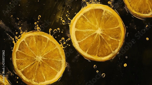 Vibrant citrus slices appear to splash against a dark, rich background in an expressive style.