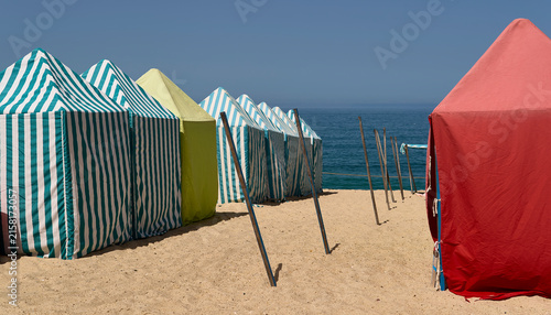 Awnings. Ovar (Portugal), August 8, 2026. Parasols on the beach of Ovar, a Portuguese tourist town located in the Aveiro district, with approximately 17,200 inhabitants. 