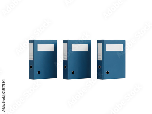 Three Identical Blue Office Ring Binders Standing Side By Side Against A Black Background