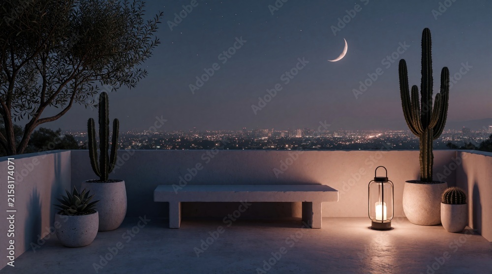 Fototapeta premium Nighttime patio view with cacti plants, a bench, and a glowing lantern overlooking a city skyline. Crescent moon visible in the starry sky above.