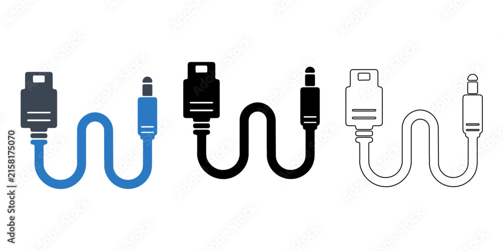 Fototapeta premium Audio Cable Connector Icons Set, Electronic Signal Cables with Plug and Jack Connectors for Music and Technology Equipment, Blue Black and Gray Vector SVG File