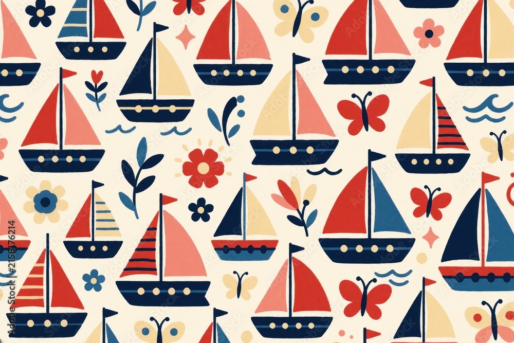 Obraz premium Childrens illustration of repeating sailboats with flowers and butterflies. This cute maritime pattern is perfect for kids decor textiles and summer invitations. Sailboats drift on wavy blue sea.