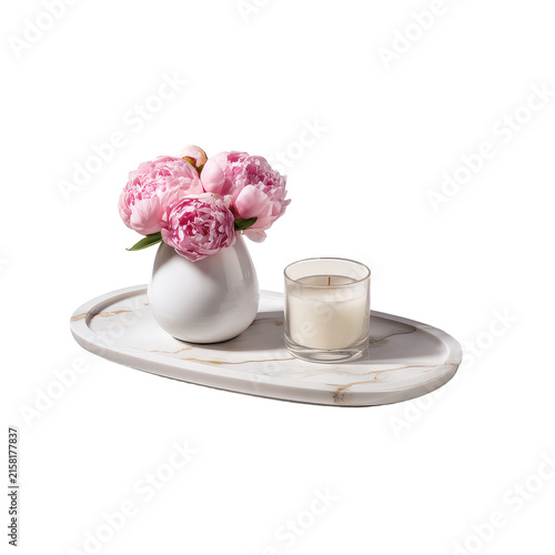 elegant white marble tray with a small vase and candle cutout isolated illustration cutout isolated illustration on transparent background