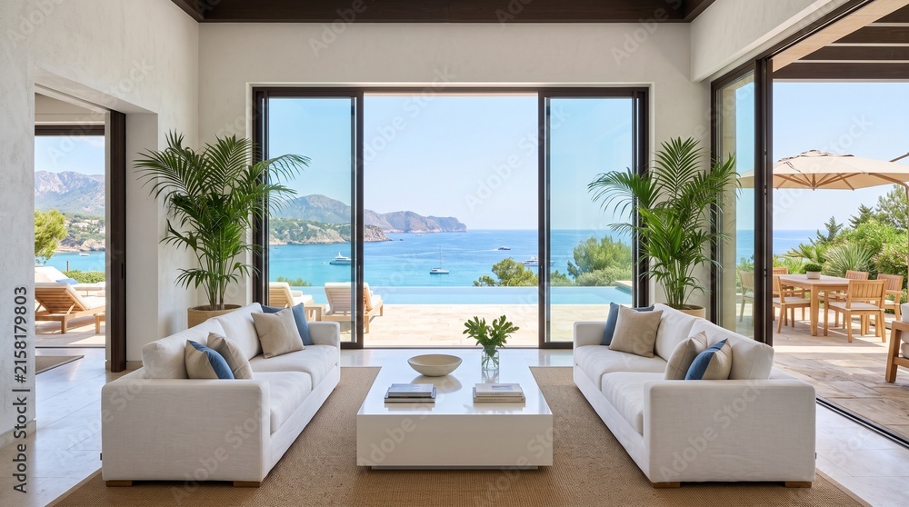 Fototapeta premium Luxury Living Room with Panoramic Mediterranean Sea View and Infinity Pool