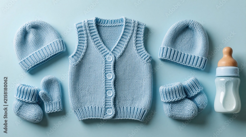Fototapeta premium Blue knitted baby clothes set on light background. Hand made infant vest, hat, mittens, socks with feeding bottle. Soft textile apparel for newborn boy. Minimalist composition for baby shower gift
