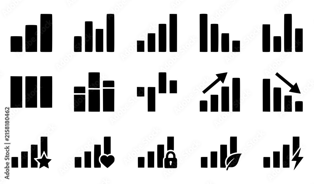 Obraz premium Set of black bar chart icons representing various data trends and signal strength levels on white background