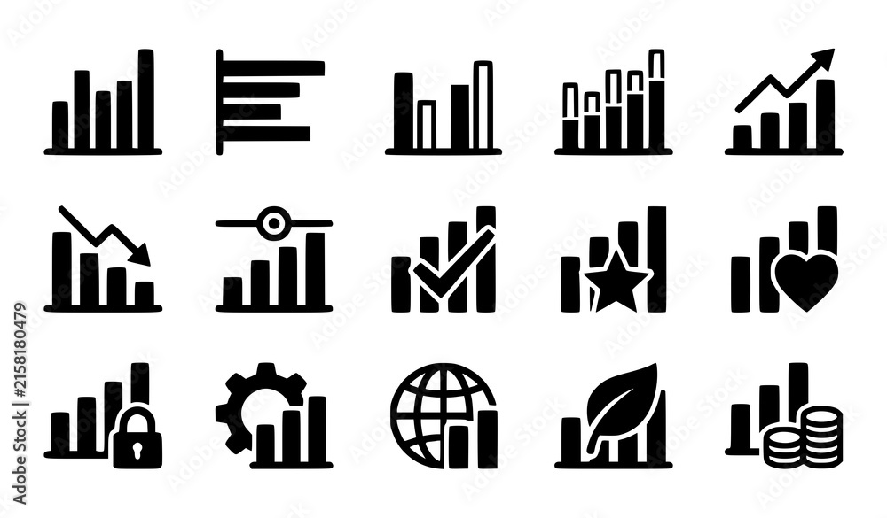 Obraz premium Set of black and white business graph and data chart icons for financial analysis and reporting