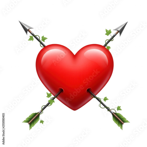 Red heart pierced by two arrows symbolizing love and passion