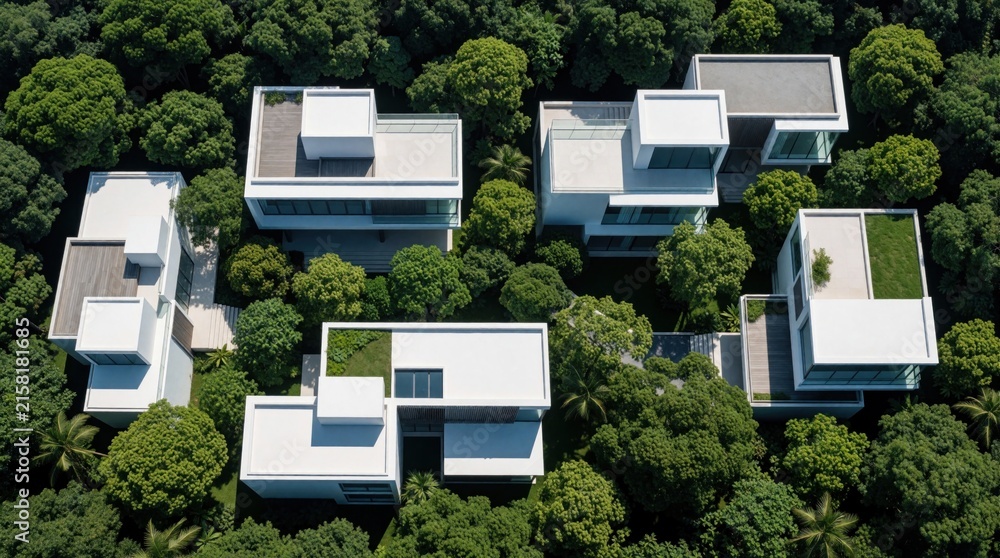 Fototapeta premium Modern white houses nestled in dense green forest. Buildings feature flat roofs, glass walls, and integrated gardens, blending architecture with nature.