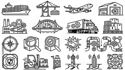 Logistics and supply chain management line icon set with cargo ship truck and airplane symbols.