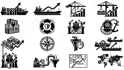 Maritime and logistics vector icons for global trade and shipping industry business analysis.