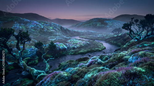 Enchanting twilight landscape with a winding river through mossy hills and mystical glowing flora.